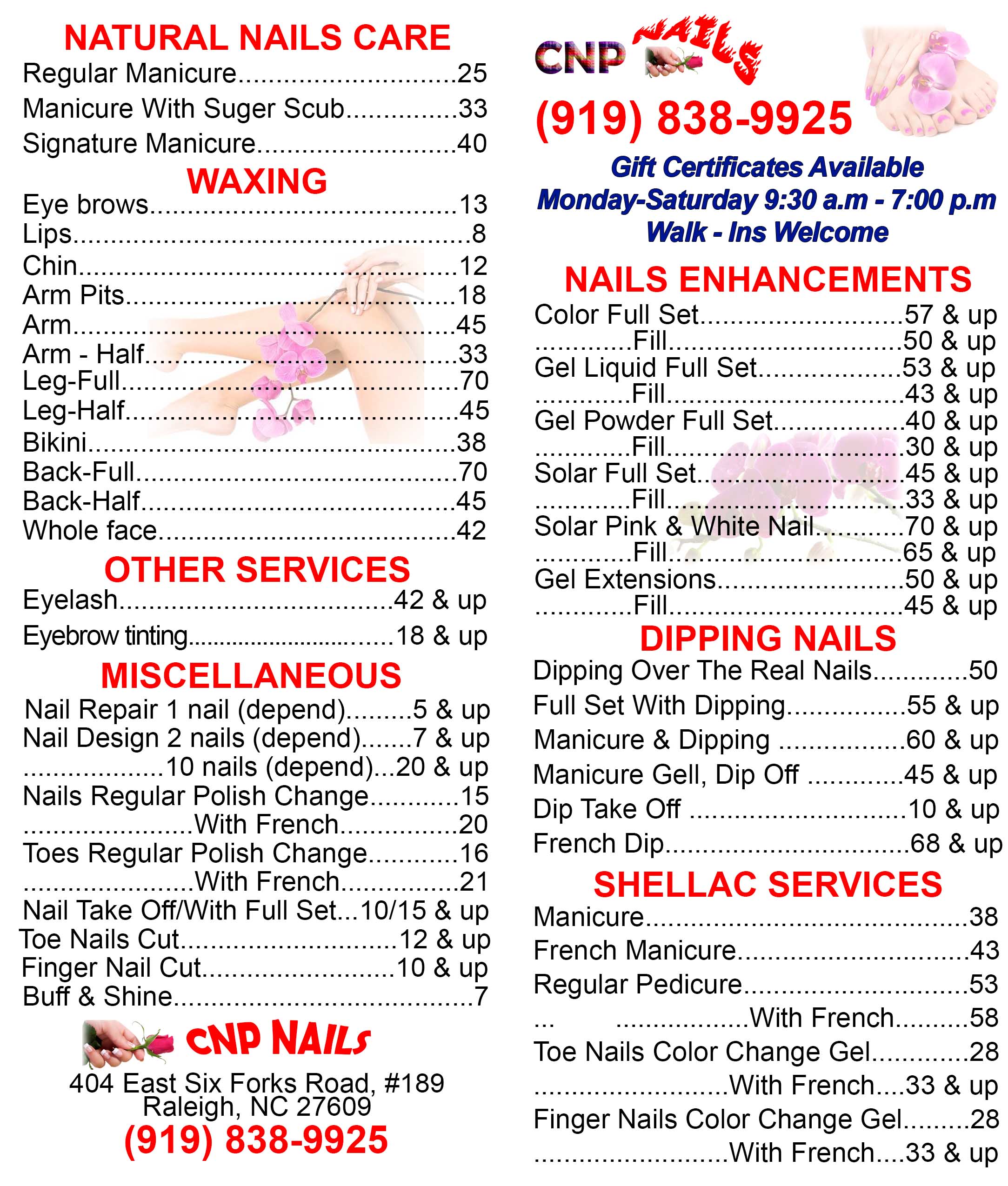 CNP Nails menu